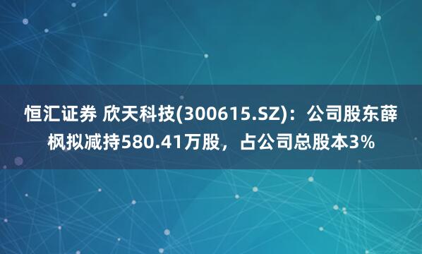 恒汇证券 欣天科技(300615.SZ)：公司股东薛枫拟减持580.41万股，占公司总股本3%