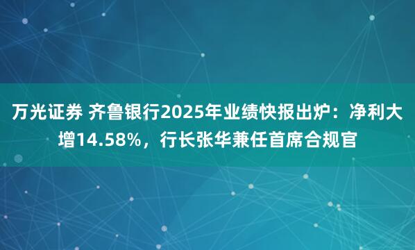 万光证券 齐鲁银行2025年业绩快报出炉：净利大增14.58%，行长张华兼任首席合规官